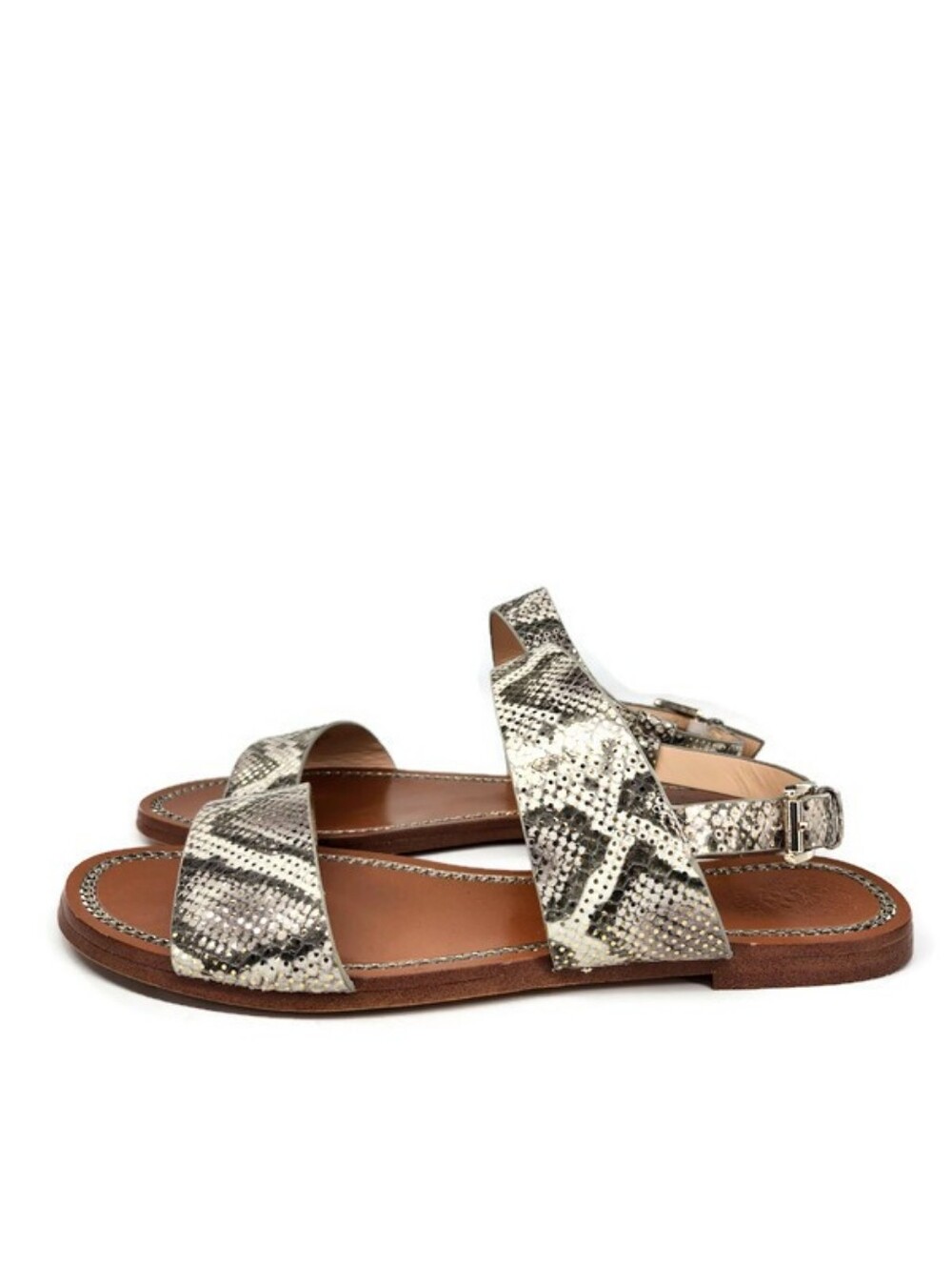 Vince Camuto Rentin Grey & White Snake Print Gold Shimmer Leather Flat Sandals - Picture 3 of 13